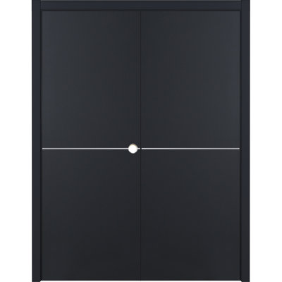  Pre-Hung Soft Black Laminated Modern Interior Double Door 72in x 80in Left In-Swing