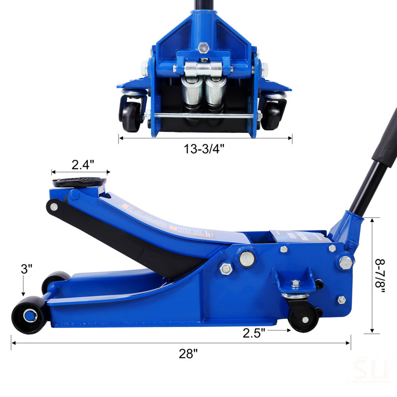 Cric de service / de plancher hydraulique à profil bas, capacité de 4 tonnes (8 000 lb), plage de levage de 2,5 po à 20 po, bleu