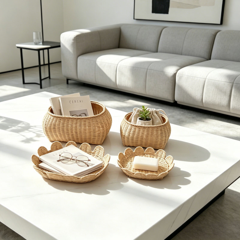 Ensemble de 2 paniers de rangement en rotin avec couvercles, ensemble de rangement tissé à la main pour la maison, le bureau et la salle de bain