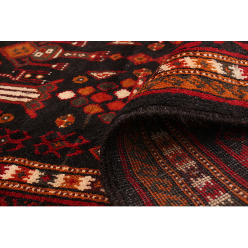 Tapis de couloir en tapis décoratif laine noir/rouge/beige de conception unique 4 pi 2 po x 9 pi 9 po noué à la main
