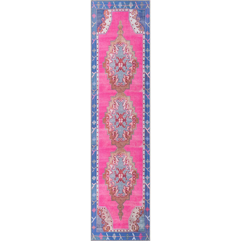 Tapis traditionnel d'Oppie fuchsia / violet, Tapis de couloir 2 pi 6 po x 10 pi