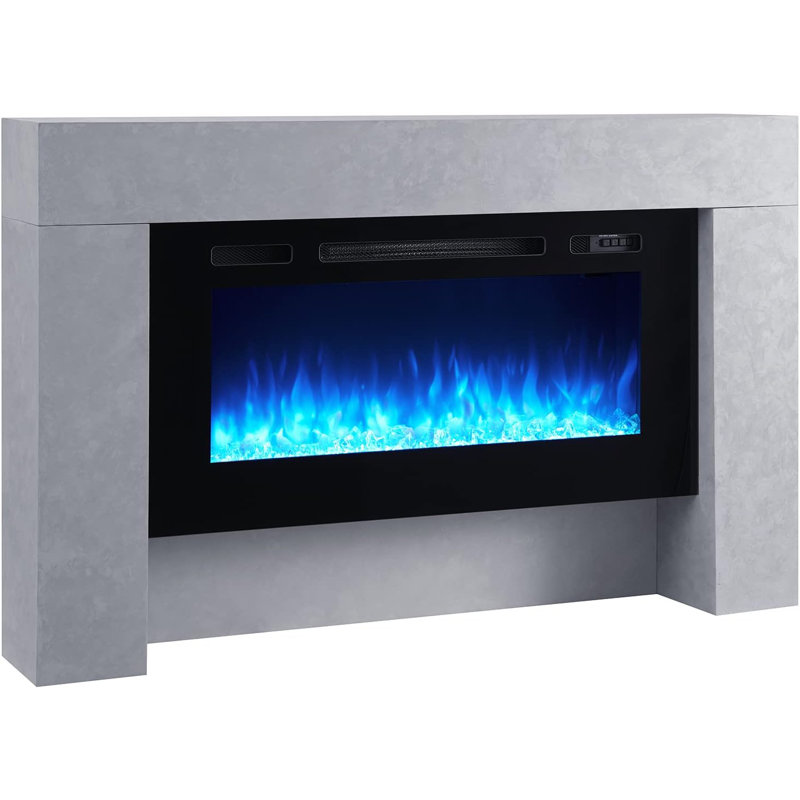 FLAMME Carmaux Freestanding Electric Fireplace, 3 LED Flame Colours, 2kW Heater, Logs or Crystal Fuel Bed, Remote, Cement Grey