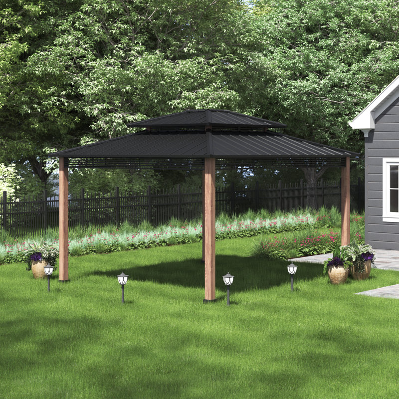 SUNJOY  Epping 13 x 15 ft. Hardtop Gazebo, Outdoor Patio Black Steel Frame Gazebo with 2-Tier Steel Roof,for Ultimate Outdoor Enjoyment, for All-Season Comfort