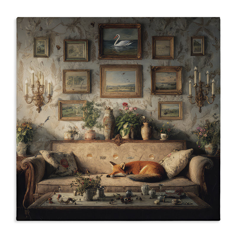 Salon rétro avec toile de renard, design par The Wands Want, H 36 po x l 36 po