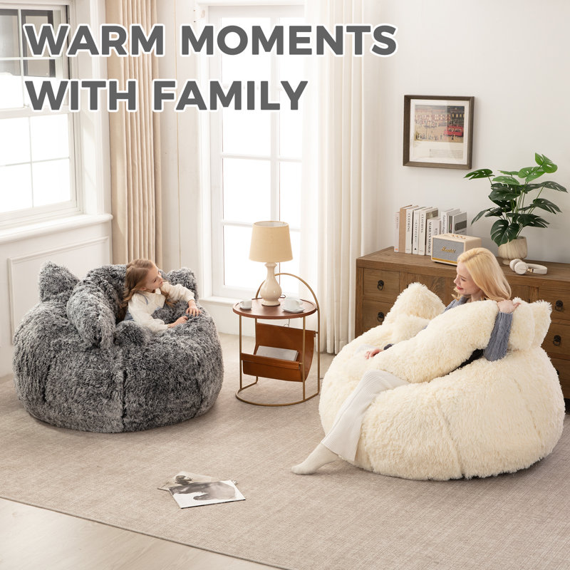 Modern Whimsical Style Cat Shaped Bean Bag Chair, Soft Faux Rabbit Fur Lazy Sofa with Detachable Tail Pillow for Adults & Kids