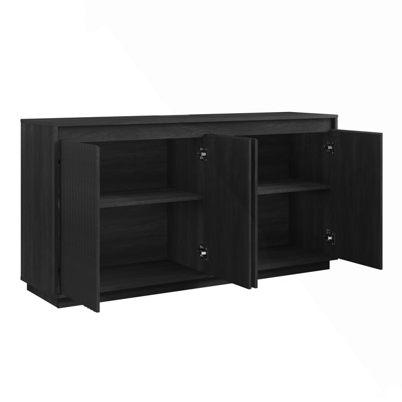 4 Door Wood Sideboard Buffet Cabinet With Power Outlet, Wavy Vertical Texture Accent Cabinet With No-Handle Design (Door Top Edge As Handle), Freestanding Kitchen Storage Cabinet For Dining Room