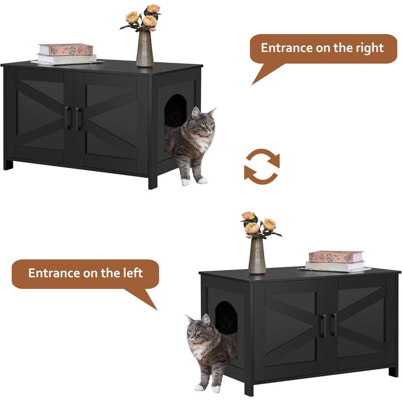 Black Wooden Double Room Cat Litter Box Enclosure
