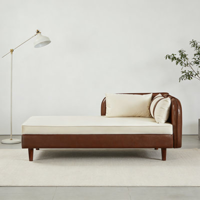 65" Storage Chaise Lounge Sofa, Brown PU  Beige Velvet