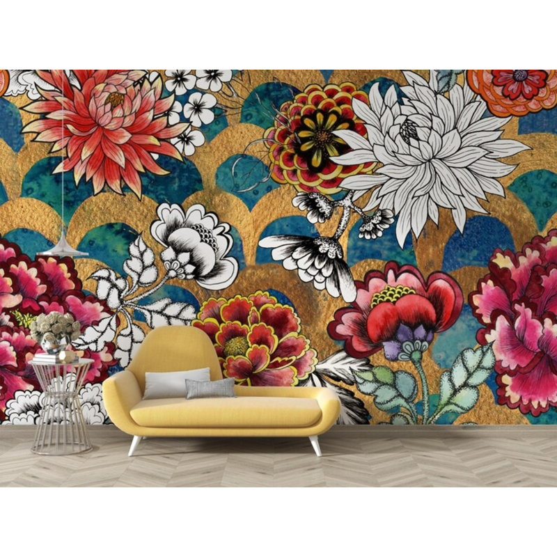 Bold Multicolor Oriental Floral Art Wallpaper, 114" L x 204" W