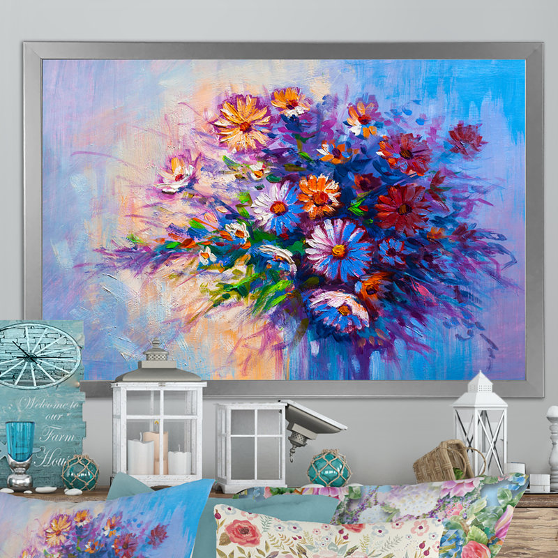 Bouquet moderne de marguerites III, H 12 po x l 20 po x P 1 po, Cadre photo argenté