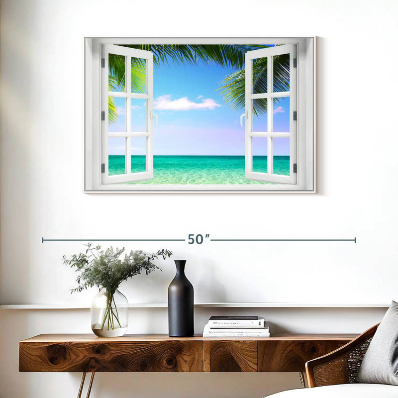 Fenêtre sur la plage turquoise, Cadre flottant blanc, 37 po x 25 po