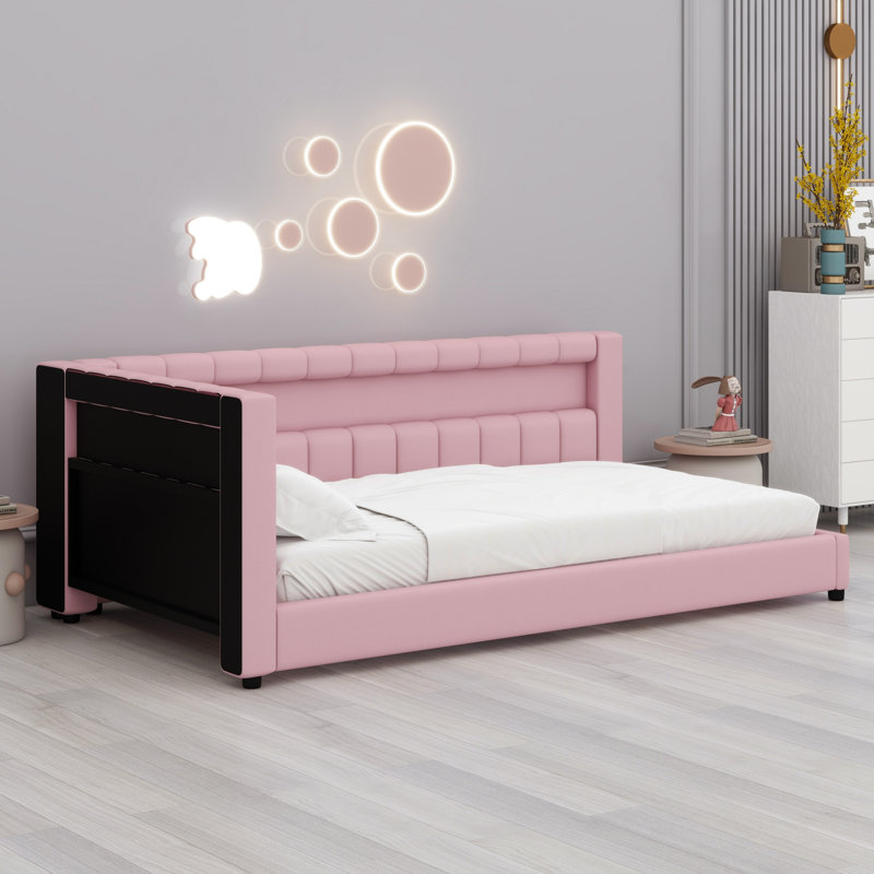 Structure de lit rembourrée avec éclairage DEL et ports USB, Simple extra long, Rose