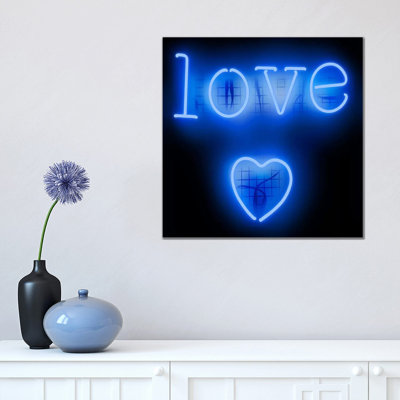 Neon Love Heart Blue on Black 1 Piece Wrapped Canvas Wall Art