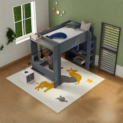 Multifunctional Full Size Wood Beds With Desk And Storage, Modern Dark Grey