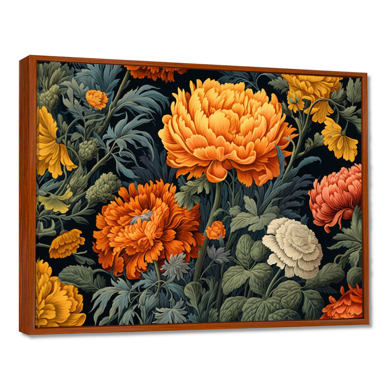 Orange orange, souci, brillance II - art floral sur toile, H 24 po x l 32 po x P 1 po, Cadre flottant brun