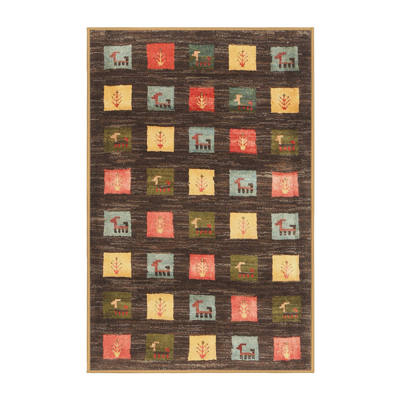 Tapis de zone rouge/vert contemporaine Angiens, Rectangle 5 pi x 7 pi