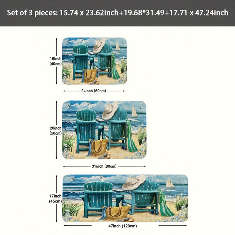 Ensemble de 3 tapis de cuisine bleu et beige pour chaise de plage