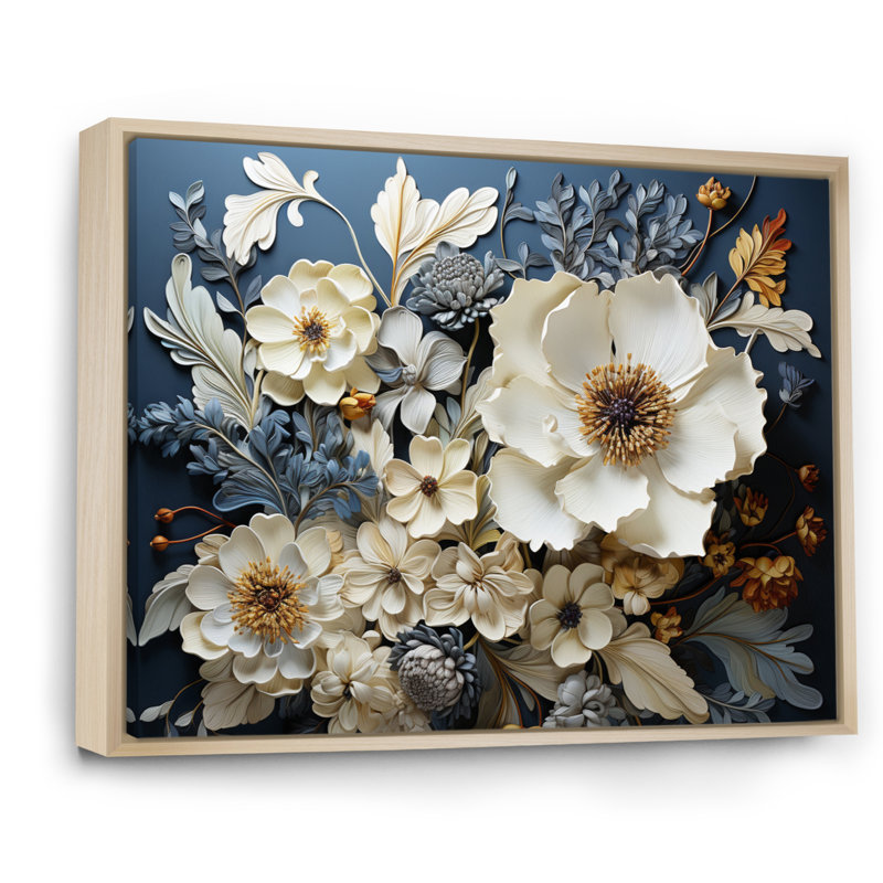 Tapisserie «Natures blanches et bleues» - Art mural fleurs sauvages, H 16 po x l 32 po x P 1 po, Cadre naturel flottant
