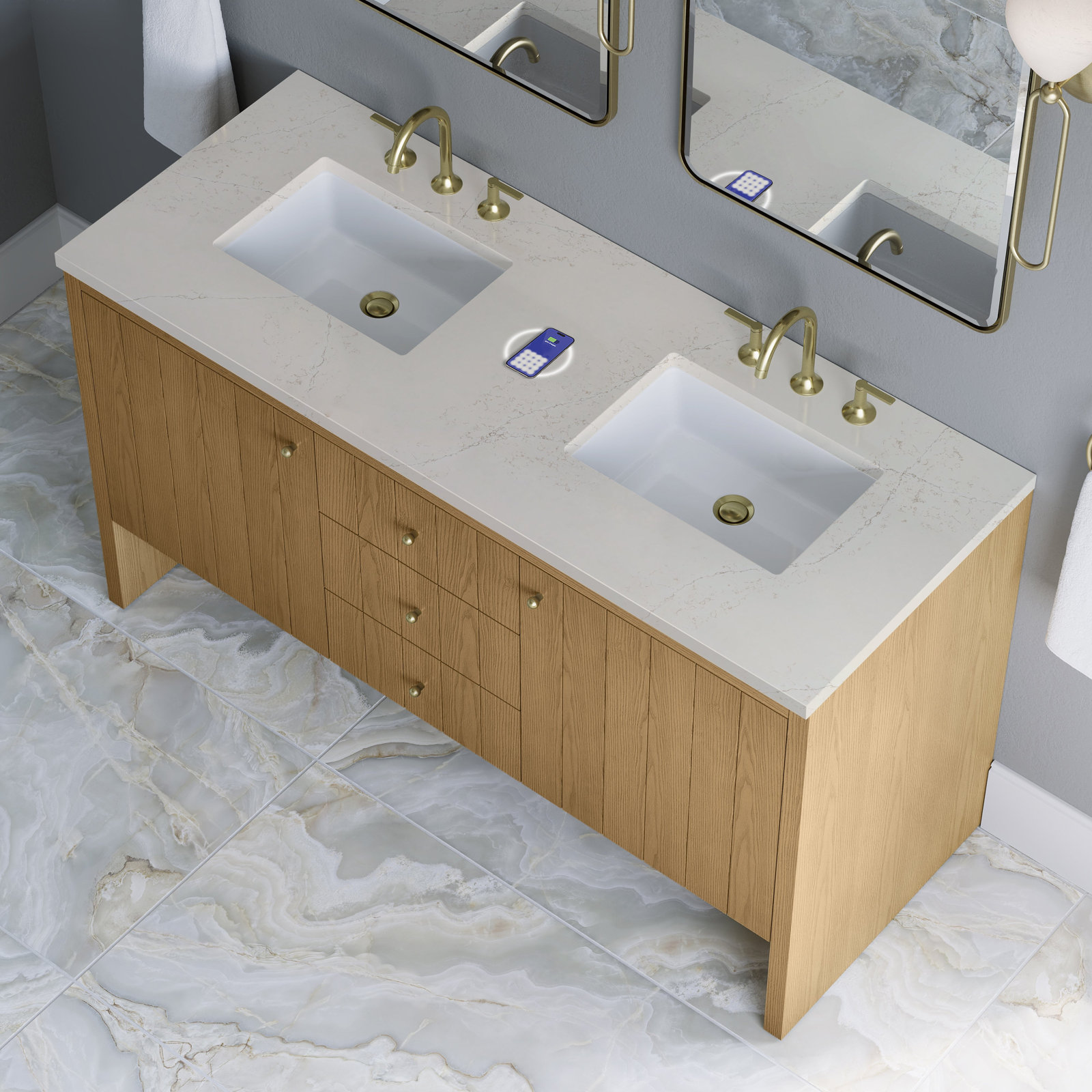 Hudson 60" Double Bathroom Vanity, Light Natural Oak, Siberian