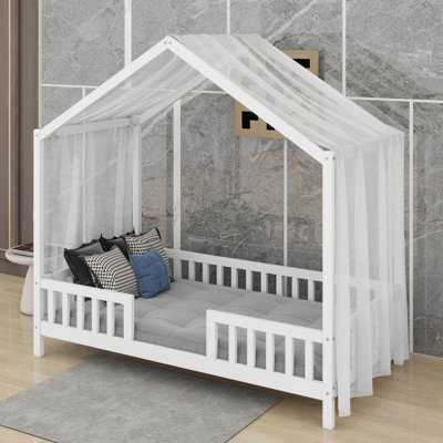 Cadre de lit simple pour enfants, cadre de lit pour tout-petits en forme de maison avec de hautes balustrades