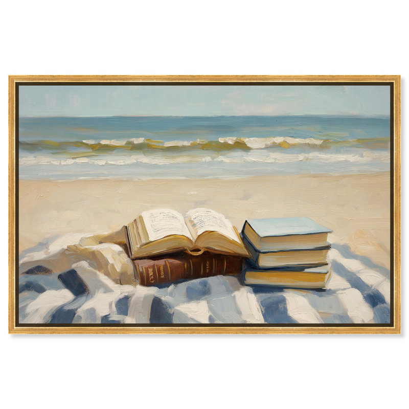 Plage, lecture sur toile, art côtier par , H 11 po x l 16 po, Cadre flottant doré