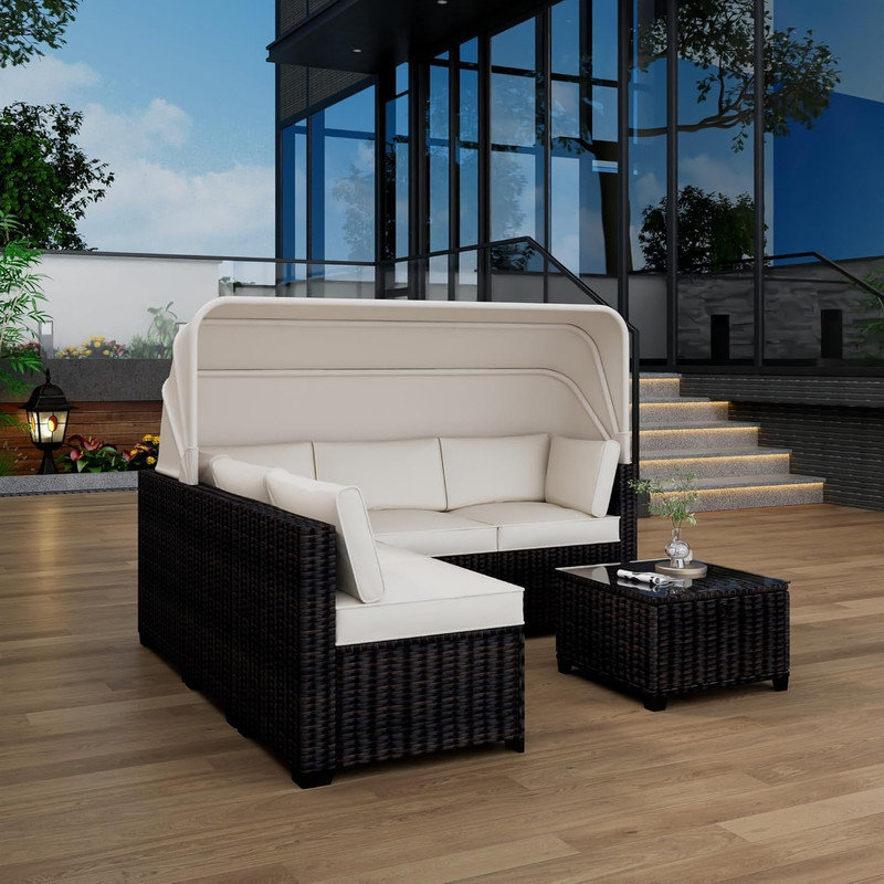 Ensemble de lit de jour pour l'extérieur 6 pièces - Patio avec auvent rétractable, dossiers réglables pour la piscine, Brown