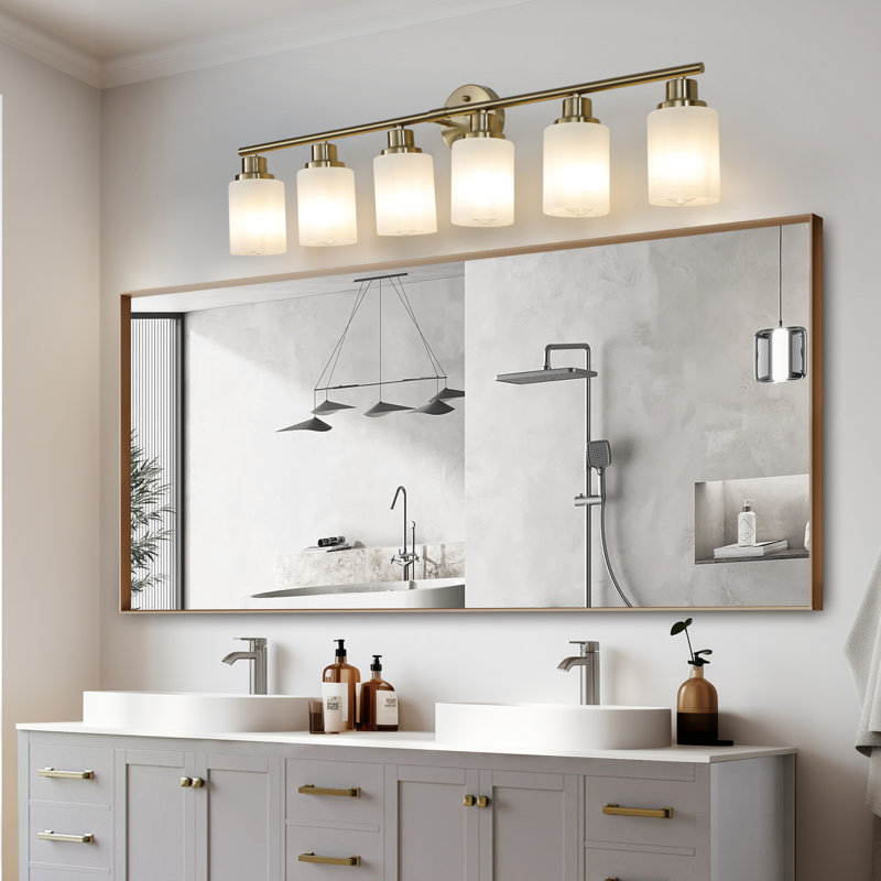 6- Golden Bathroom Vanity Lamp Fixture, Frosted Glass Shades, Modern Wall Mounted Lighting,, Gold, 6 Lights