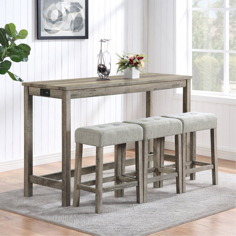 Bar Table Set With Power Outlet, Bar Table And Chairs Set, 4 Piece Dining Table Set, Industrial Breakfast Table Set, For Living Room, Dining Room, Game Room