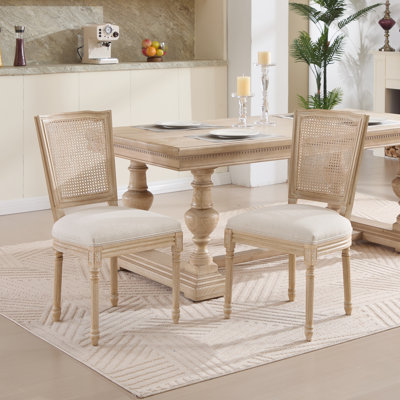 French Country Dining Chairs Set Of 2, Upholstered  Chairs With Nature Rattan T-Shaped Back, Wire Drawing And Carving Techniques ,Disassemblable ,  For Living Room, Kitchen , Restaurant Use, Beige