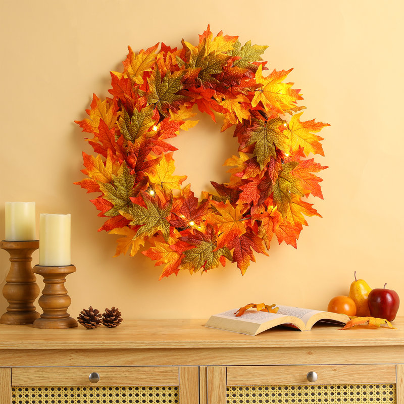 Wreath Faux Lighted Maple Polyester 24'' Wreath