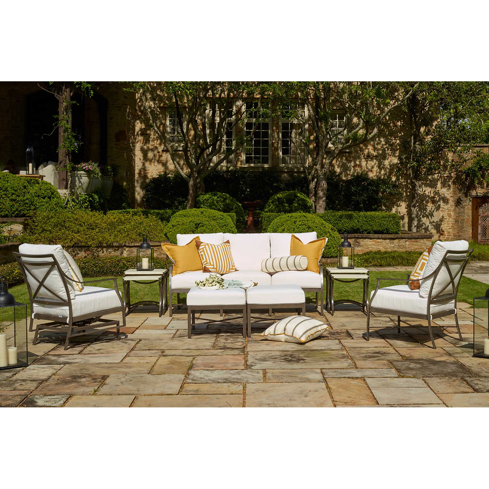 Monaco Wrought Aluminum Outdoor Lounge Chair, Rollo Lace InsideOut® Linen, Slate Gray, No Welt