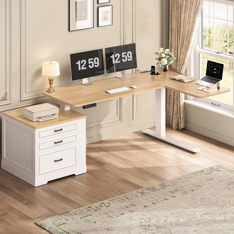 Bureau debout en L Farmhouse, Chêne, Blanc