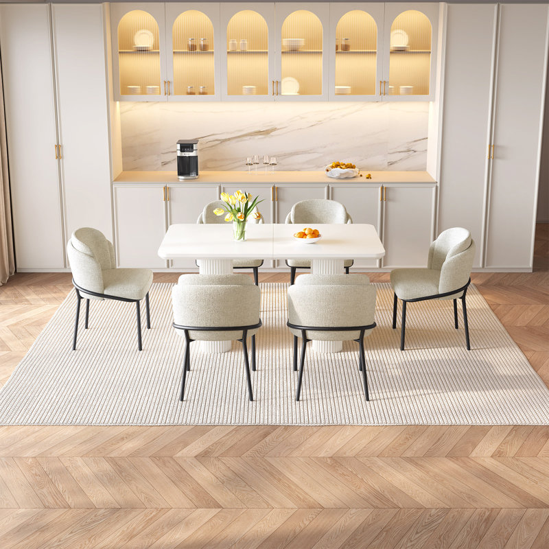 55.11" Modern Cream White Dining Table Set With 6 Chairs For Kitchen, Bar, Living Room, 7 Pieces: Table, 6 Chairs
