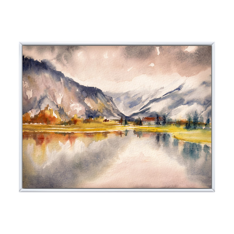 Paysage d'automne avec le ciel reflété sur le lac - Peinture sur toile, H 34 po x l 44 po, Cadre flottant blanc