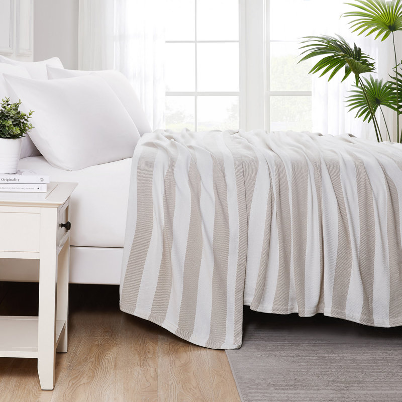 Southshore Fine Linens 100% Cotton Stripe Blanket and throws, 66" x 90", Off White/Taupe