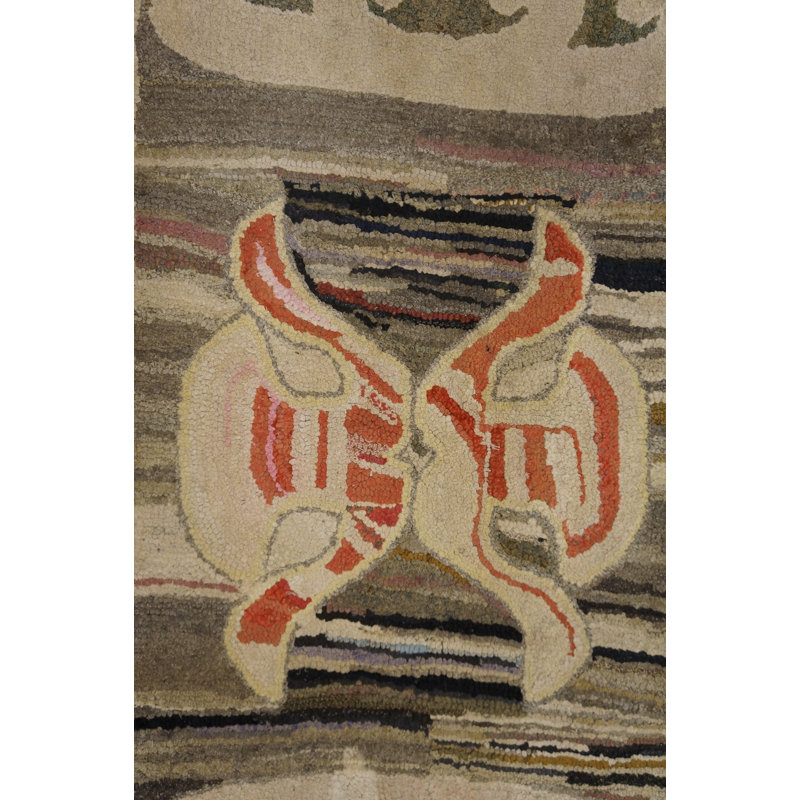 Gray Color Antique Artistic American Folk Art Design Hooked Textile Art Rug