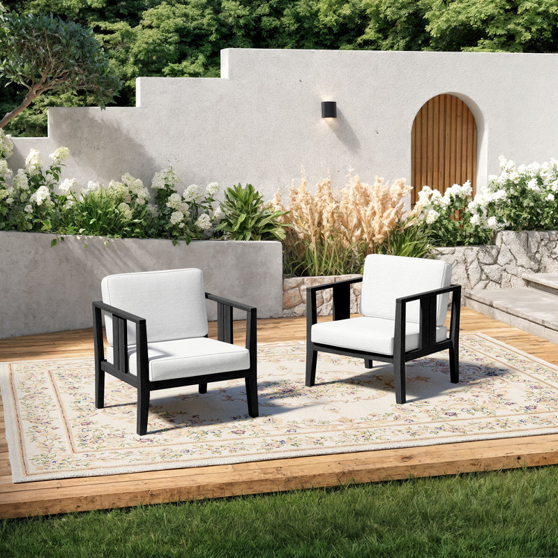 Solid Wood Teak Outdoor Lounge Chair With Cushion And Arm, Beige, Black