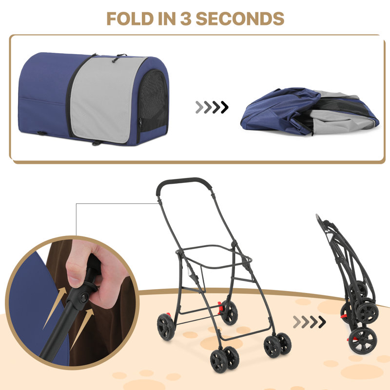 Navy Blue Double Pet Stroller with Detachable Carriers