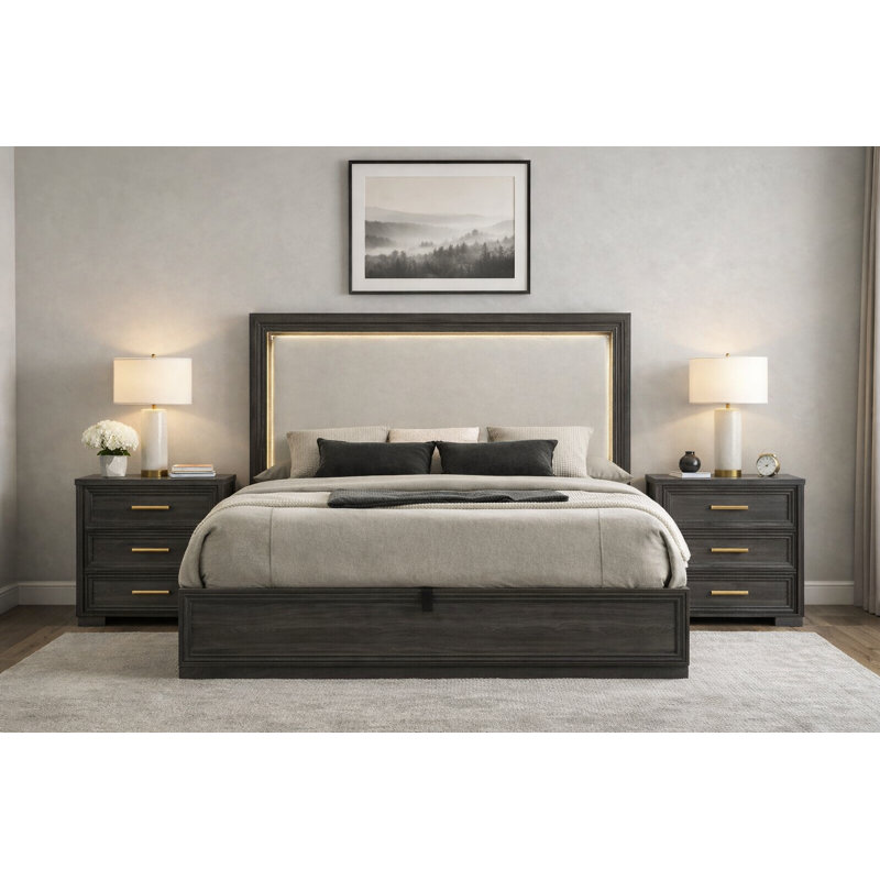 Ensemble de chambre avec très grand lit 3 pièces 2041 Highland Grey, Trois articles : lit, deux tables de chevet, Très grand