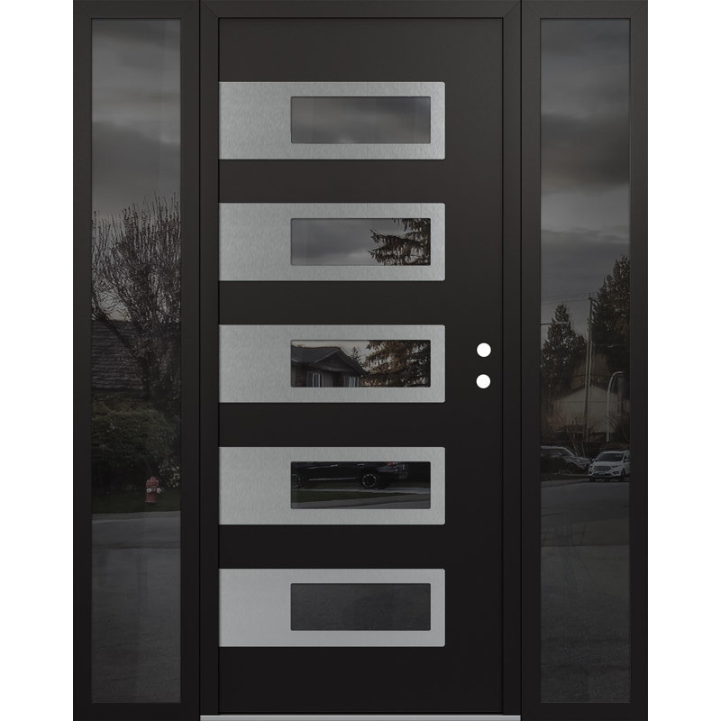 D3 68 po. X 80 po Panneau d'entrée en verre argenté noir et noir avec 2 portes latérales en verre, Noir / noir / miroir