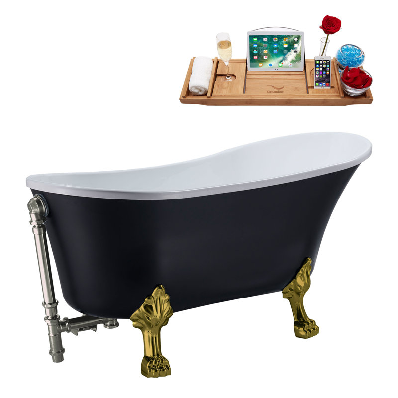 63" Streamline Clawfoot Soaking Acrylic Bathtub With Drain, Clawfeet, and Bamboo Tray, Brushed Nickel, Brushed Gold