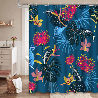 Blue Beach Tropical Flower Blossom Teal Shower Curtain with 12 Hooks