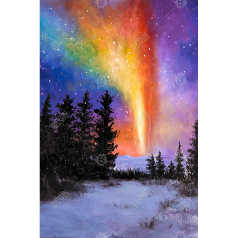 Aurore boréale dans la forêt - décor de toile de salon neige