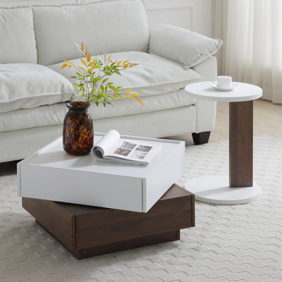 Rotating Coffee Table With 2 Drawers, High Wood 2-Tier Centre Table With Storage