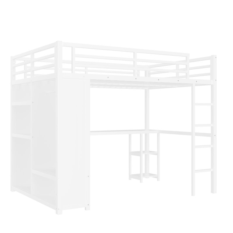 Lit mezzanine grand format avec garde-robe intégré, lit mezzanine en métal avec bureau et tablettes de rangement, blanc