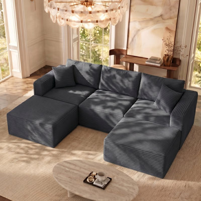 Boneless 112'' Corduroy Gray Sofas Sectional for Living Room Cloud Sofa with L and U-Shape Upholstered Soft Frame Design Couches Modern Modular Couch with 2 Ottomans