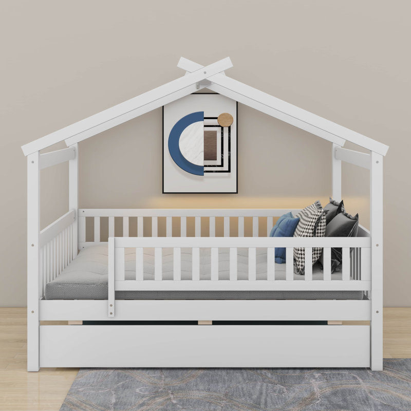 Lit en bois avec couchette, Lit double, Blanc