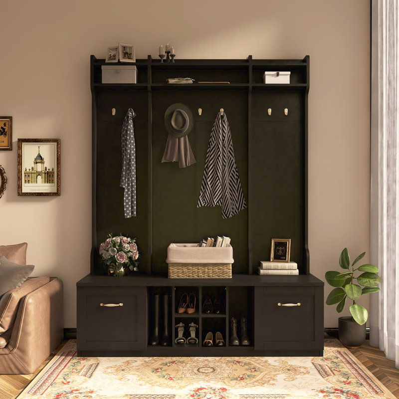 Entryway Hall Tree With 2 Spacious Drawers And Adjustable Shelves, Black