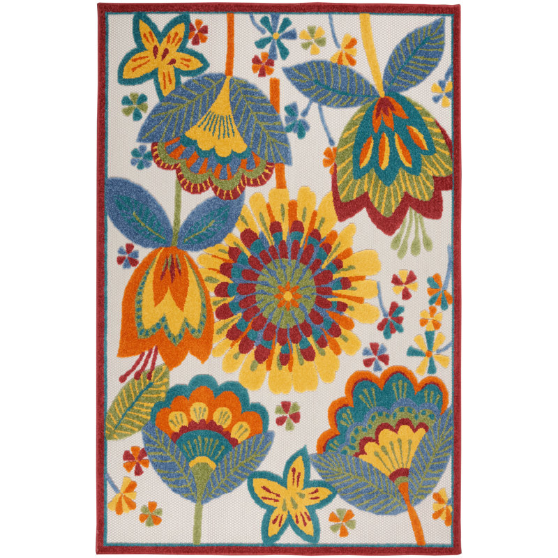 Tapis floral intérieur jaune / bleu / rouge intérieur / extérieur, Rectangle 12 pi x 15 pi
