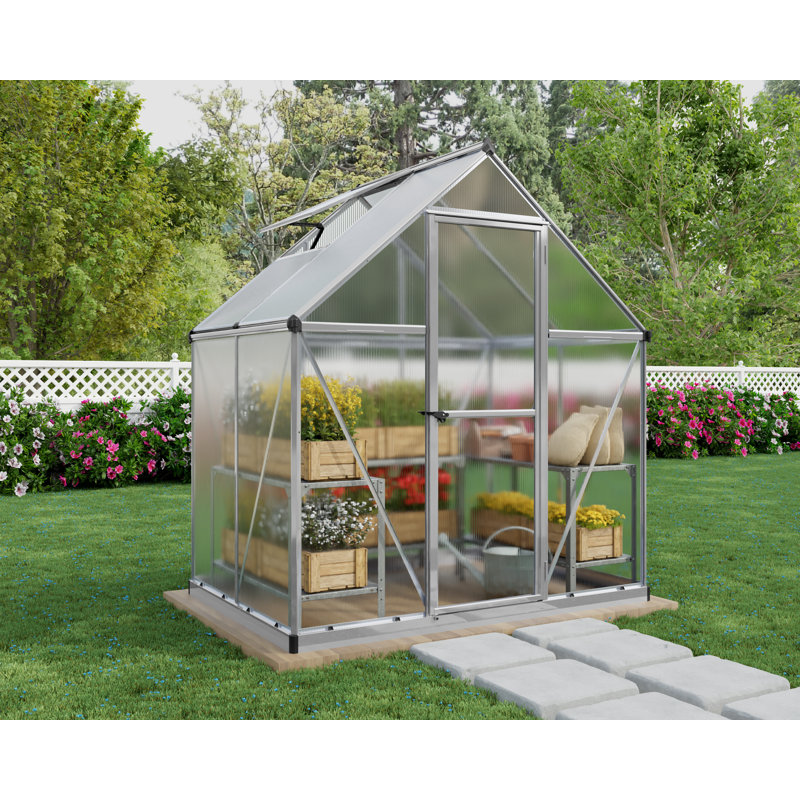 Palram - Canopia Mythos Walk-In Hobby Twin Wall Polycarbonate Aluminum Frame Greenhouse Kit with Roof Vent, Silver